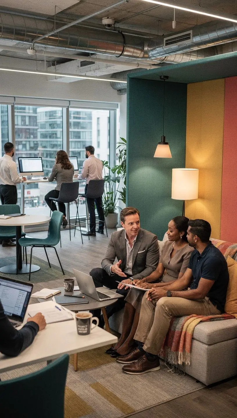 Elegancka recepcja z drewnianym blatem i profesjonalnym personelem w tle.