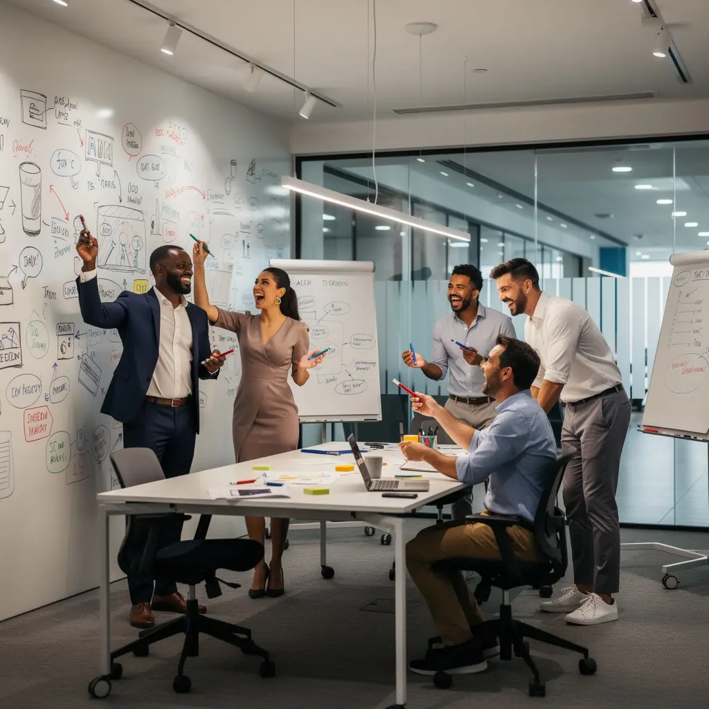 Nowoczesne wnętrze sali do spotkań z technologią multimedialną i komfortowymi fotelami.