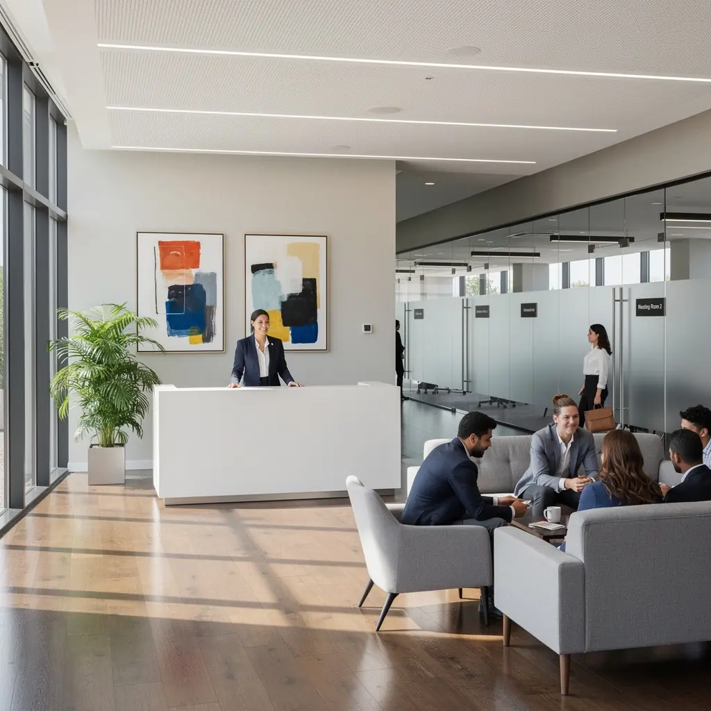 Recepcja z minimalistycznym designem i dobrze oznakowanymi kierunkami.