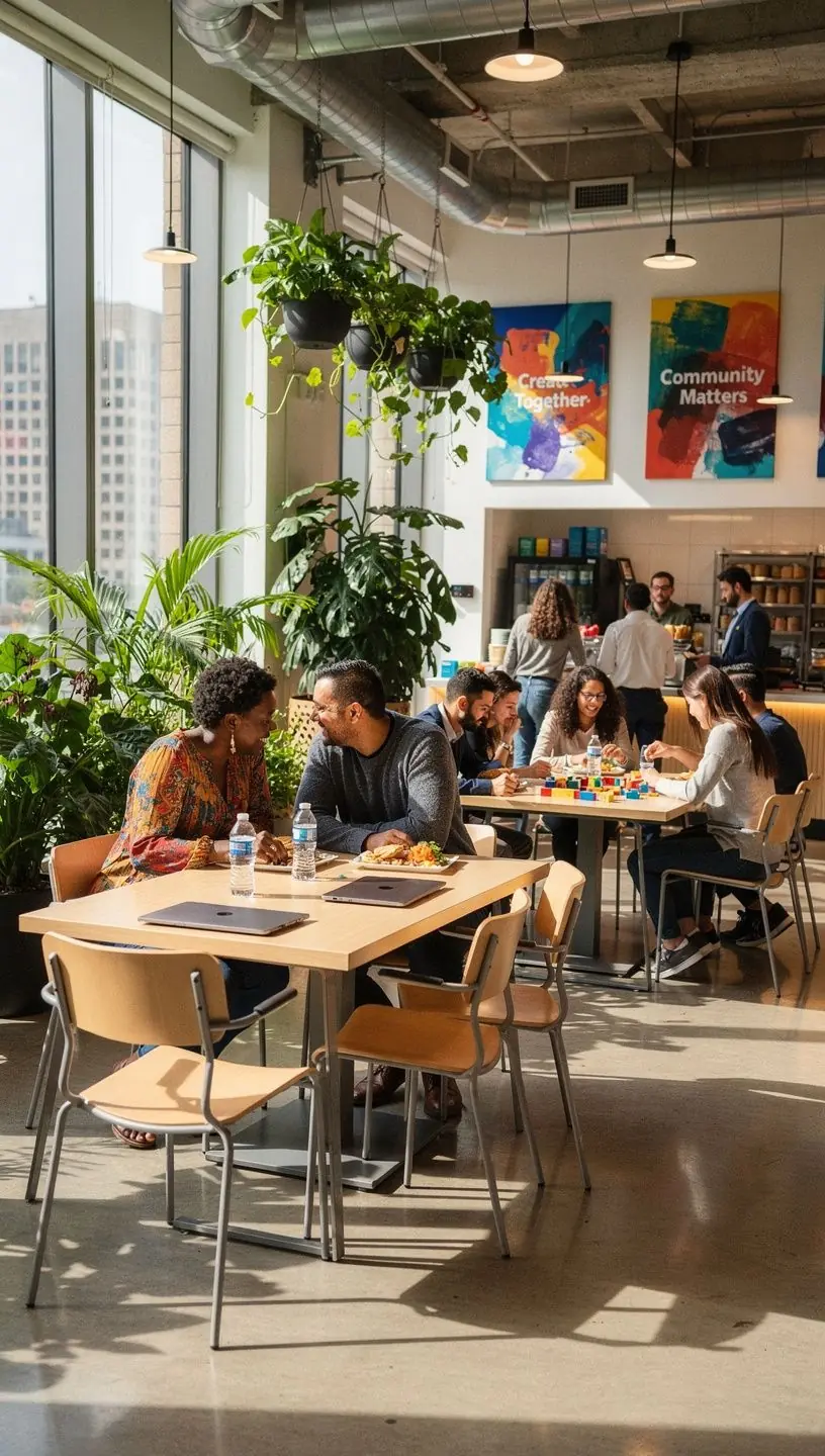 Przytulne wnętrze recepcji z wygodnymi miejscami do siedzenia i nowoczesnym oświetleniem.